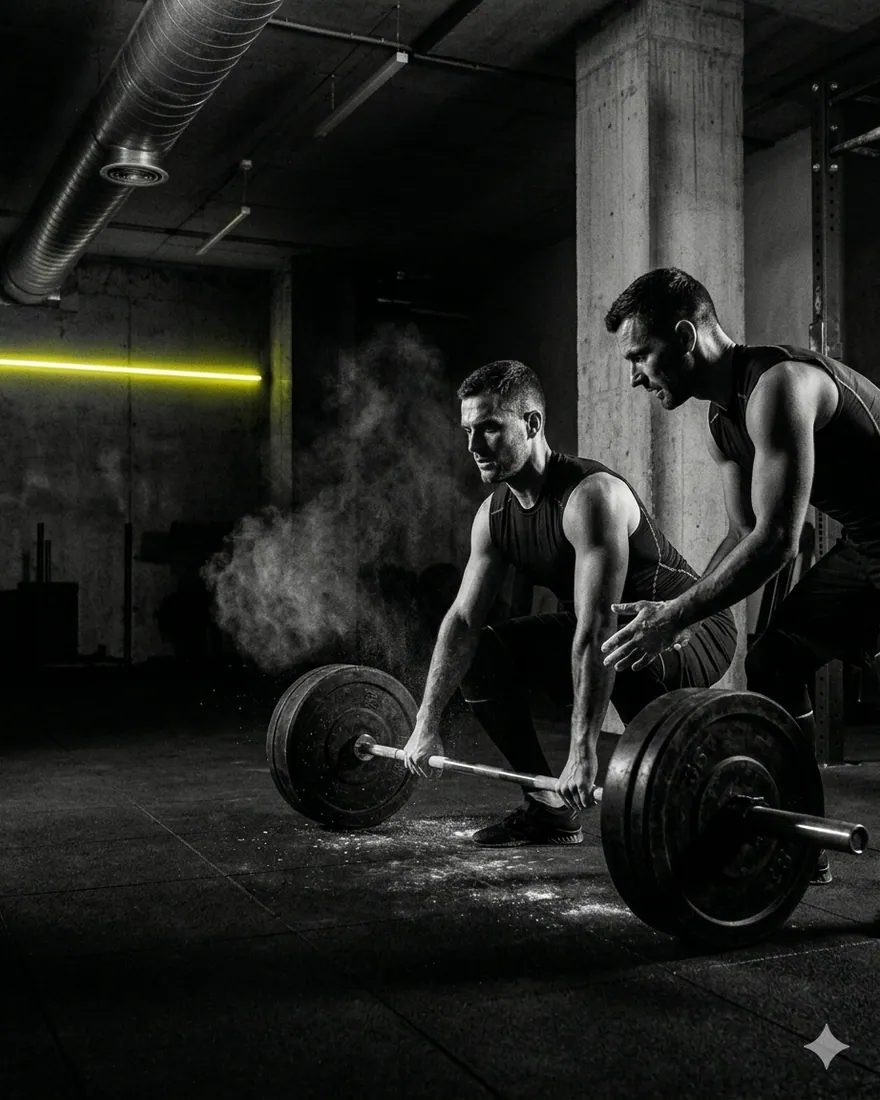 Coach guiding an athlete through a lift