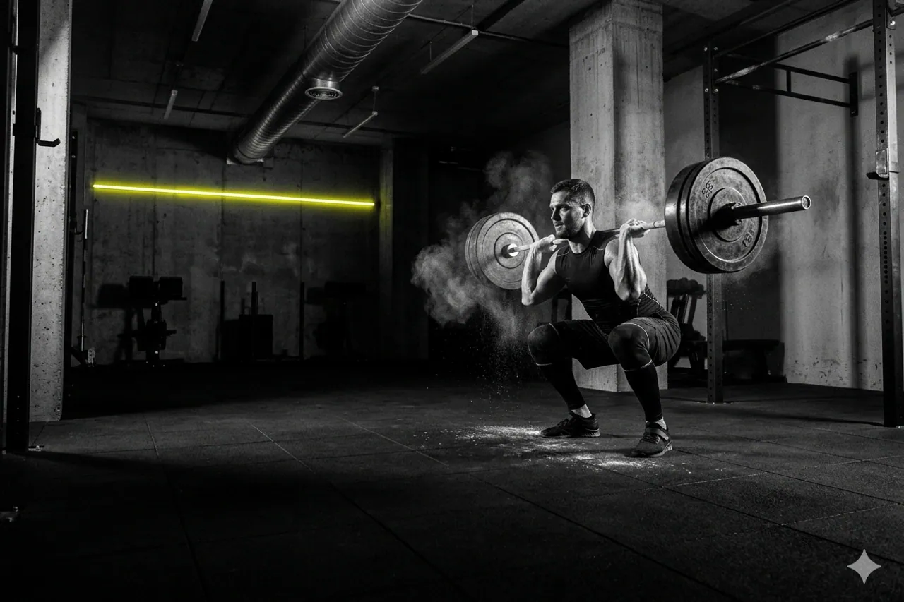 Athlete training with a loaded barbell in a dimly lit gym